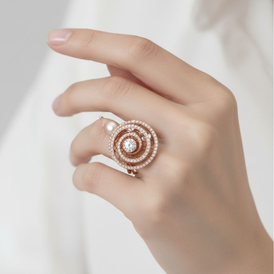 Female model wearing rose gold spiral rose diamond ring