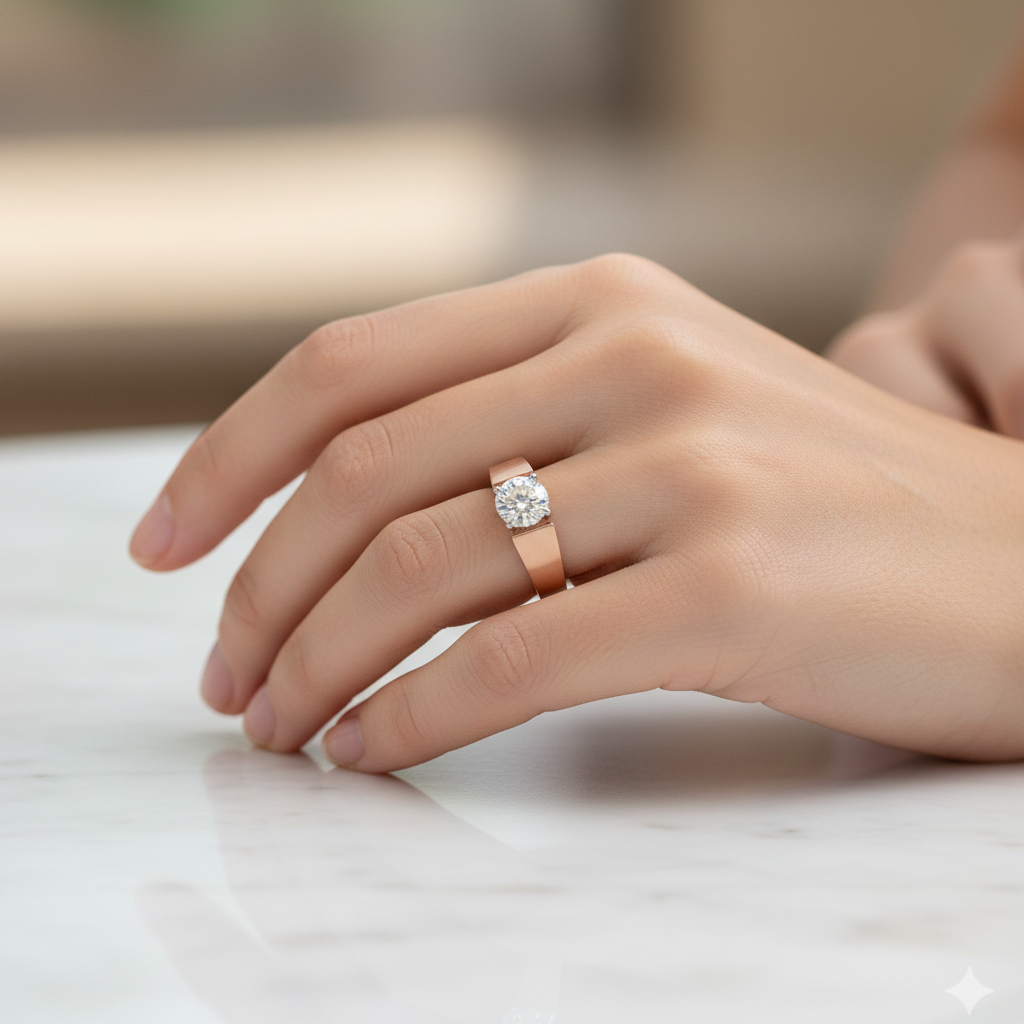Female model wearing rose gold wide band solitaire ring