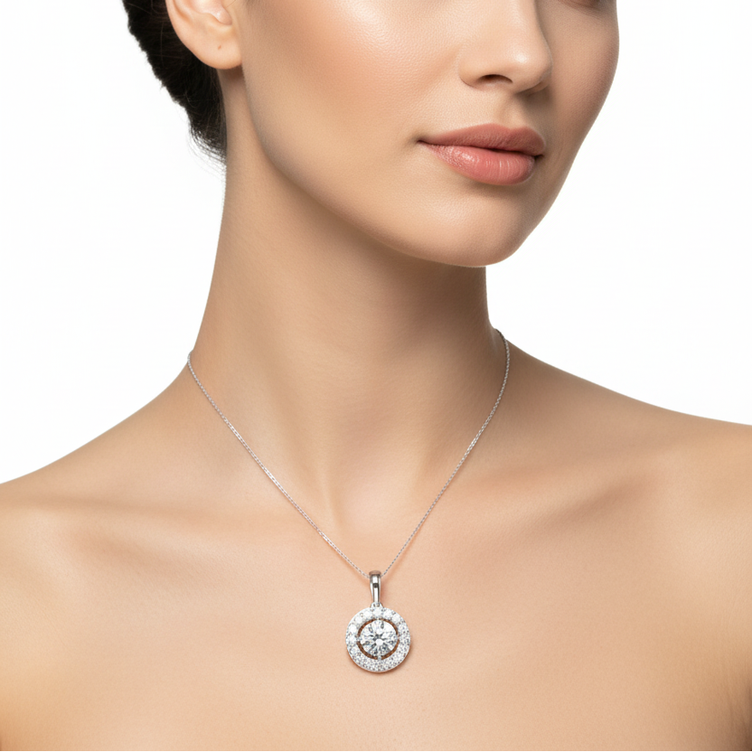Female model wearing round diamond halo pendant