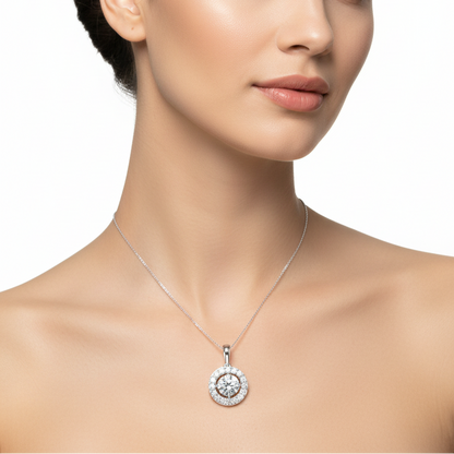 Female model wearing round diamond halo pendant
