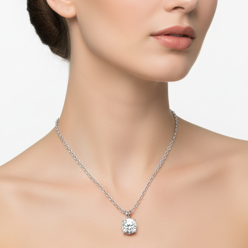 Female model wearing round diamond pendant