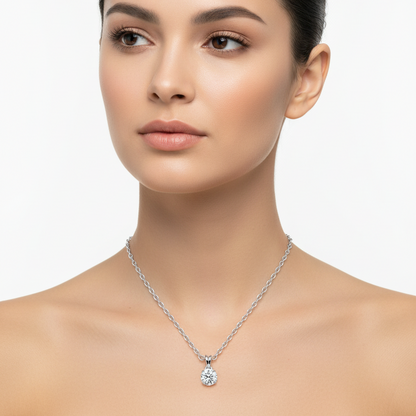 Female model wearing round diamond pendant
