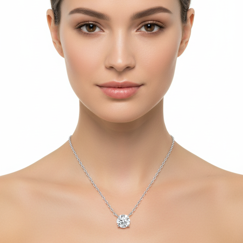 Female model wearing round diamond pendant