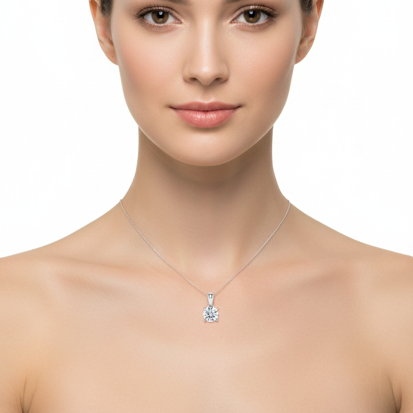 Female model wearing round diamond solitaire pendant