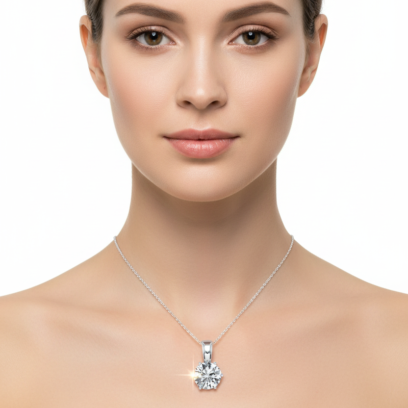 Female model wearing round diamond solitaire pendant