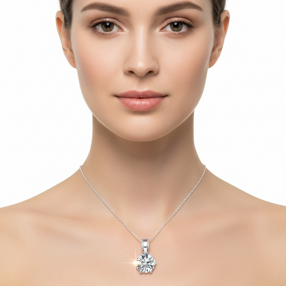 Female model wearing round diamond solitaire pendant