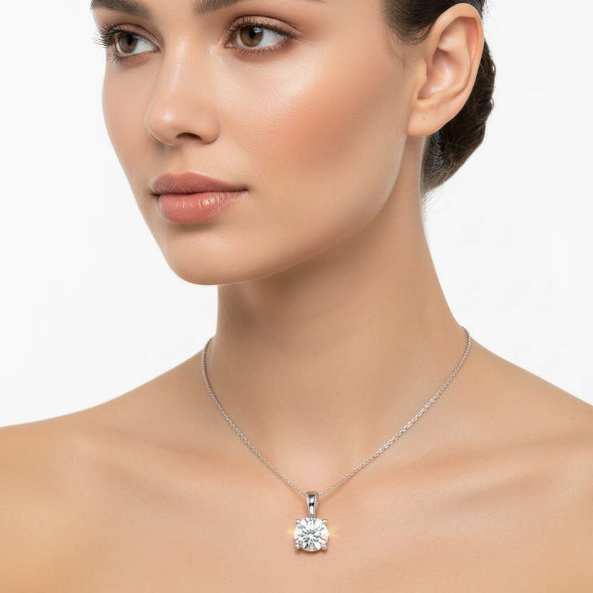 Female model wearing round diamond solitaire pendant