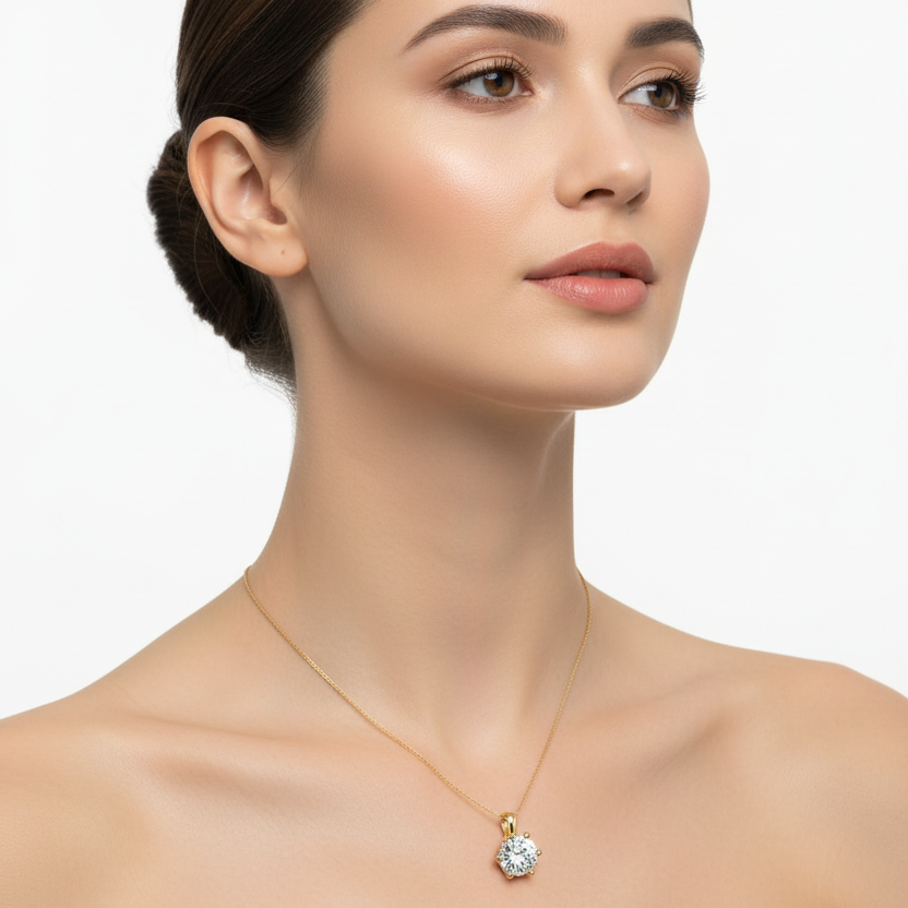Female model wearing round diamond solitaire pendant