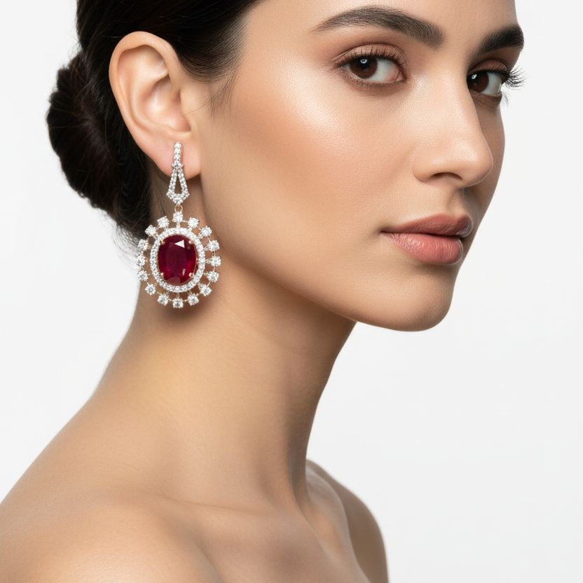 Female model wearing ruby and diamond earrings