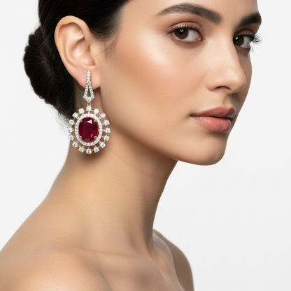 Female model wearing ruby and diamond earrings
