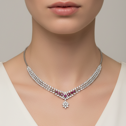 Female model wearing ruby and diamond necklace