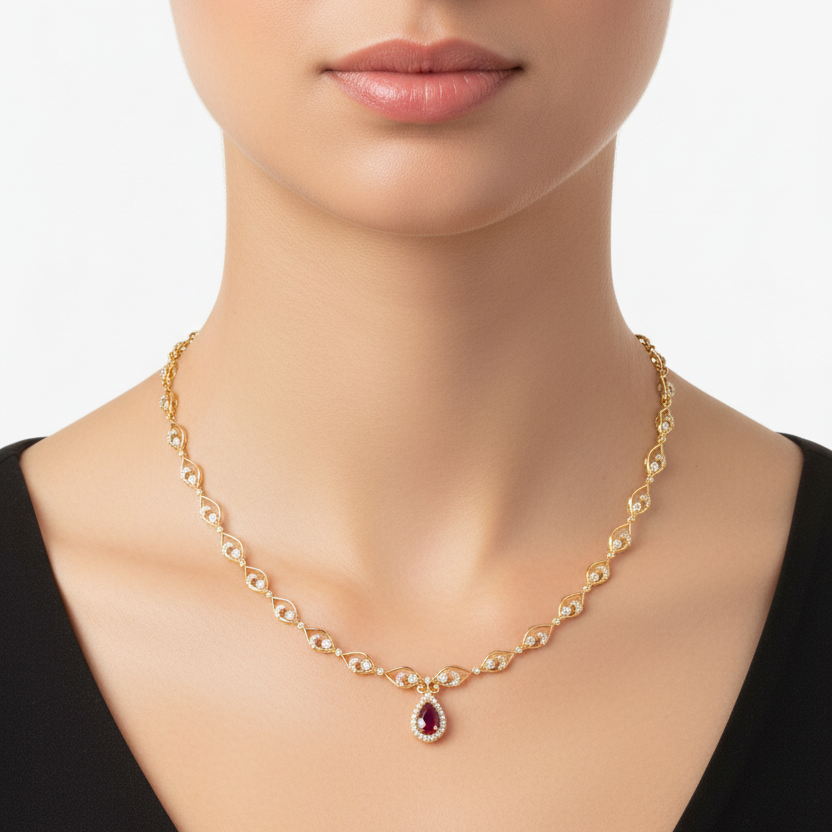 Female model wearing ruby and diamond necklace