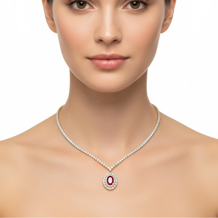 Female model wearing ruby and diamond necklace