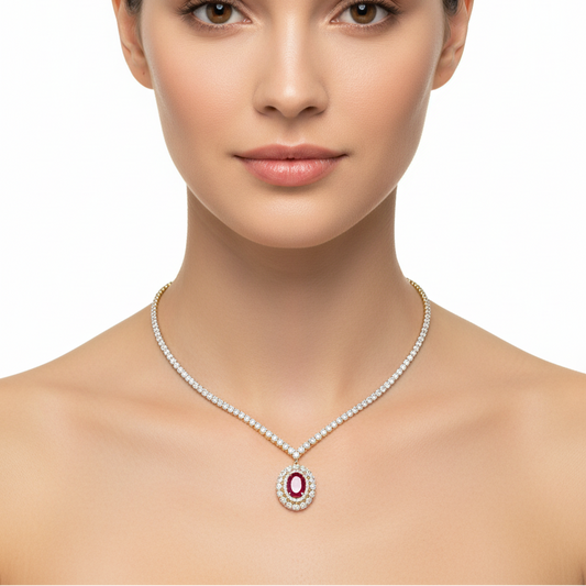 Female model wearing ruby and diamond necklace
