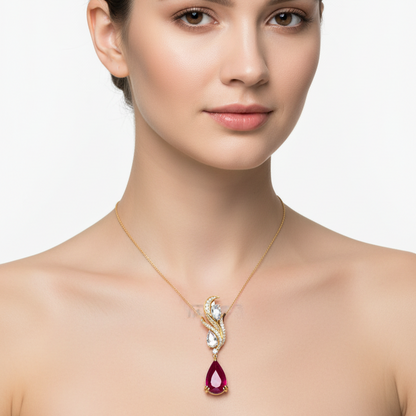 Female model wearing ruby and diamond pendant