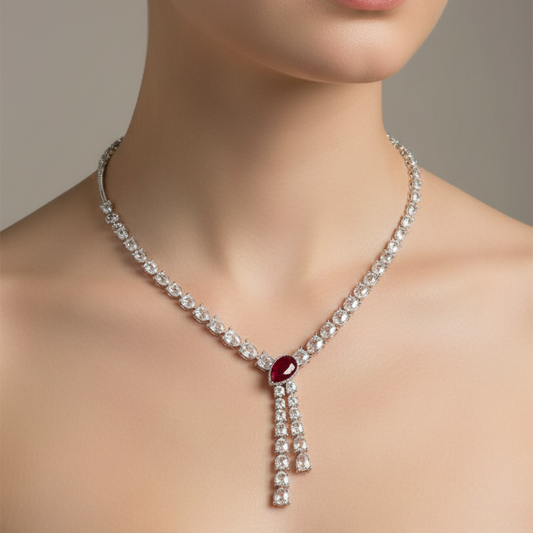 Female model wearing ruby rose-cut diamond Y-necklace