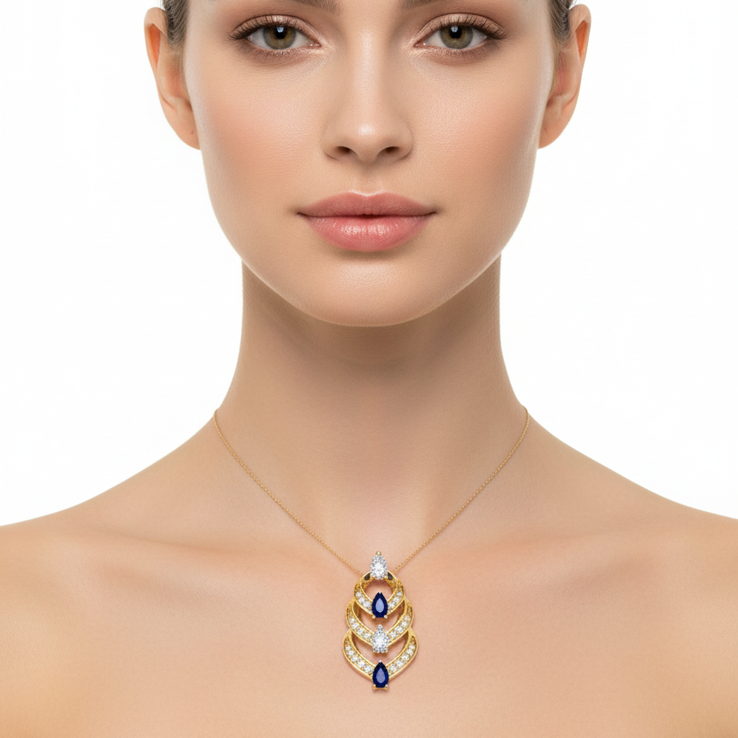 Female model wearing sapphire and diamond pendant