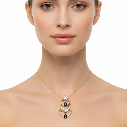 Female model wearing sapphire and diamond pendant