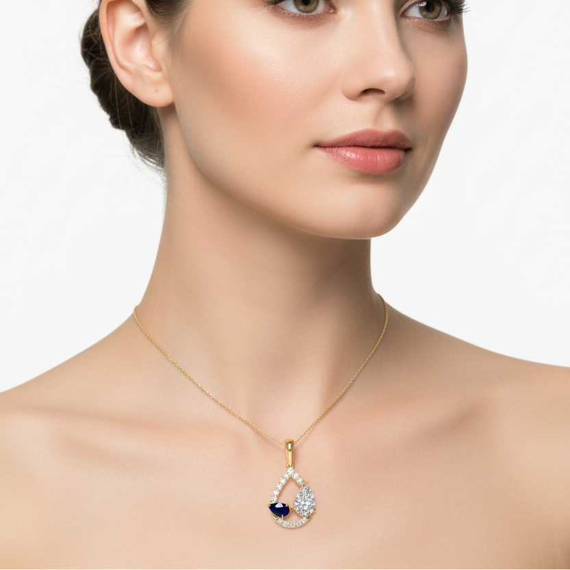 Female model wearing sapphire and diamond pendant