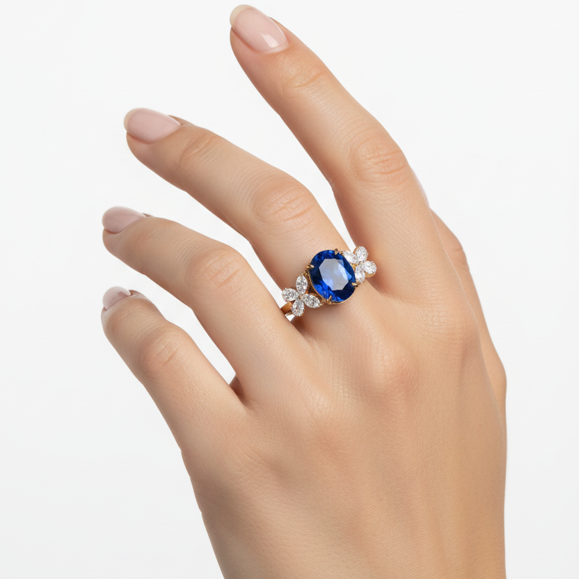 Female model wearing sapphire and diamond ring