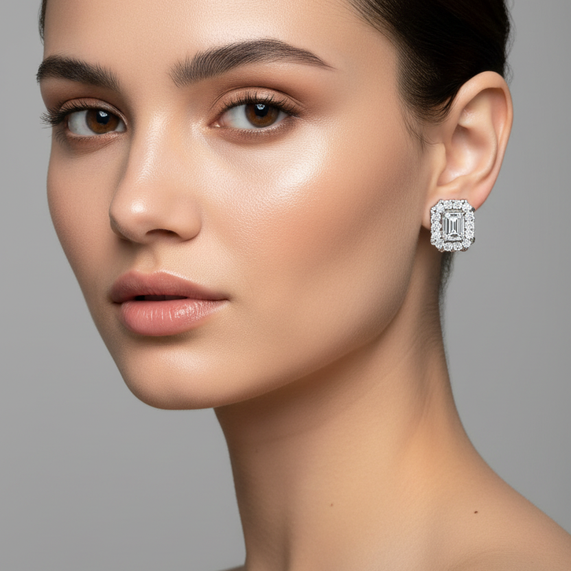 Female model wearing small emerald-cut diamond halo stud earrings in white gold
