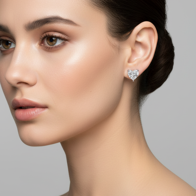 Female model wearing small heart diamond stud earrings
