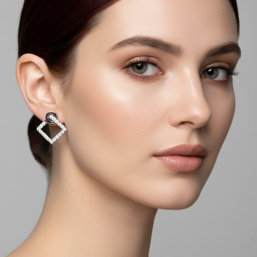 Female model wearing small mismatched white gold geometric pavé diamond earrings