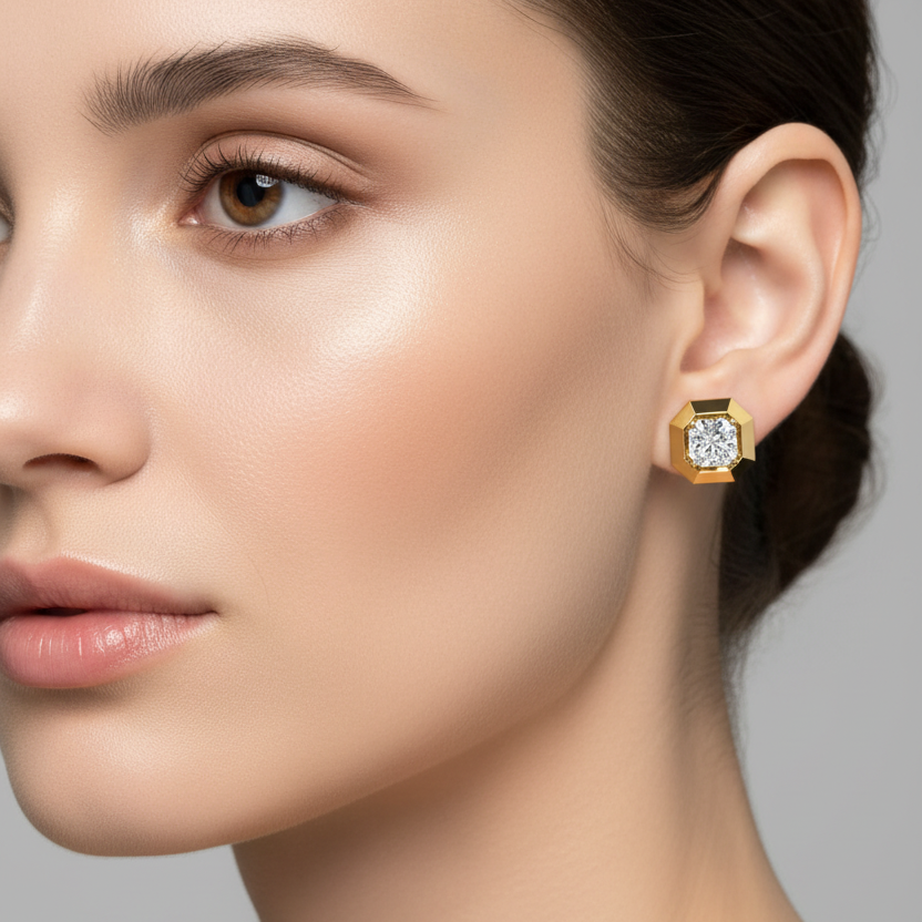 Female model wearing small octagonal cushion-cut diamond yellow gold stud earrings