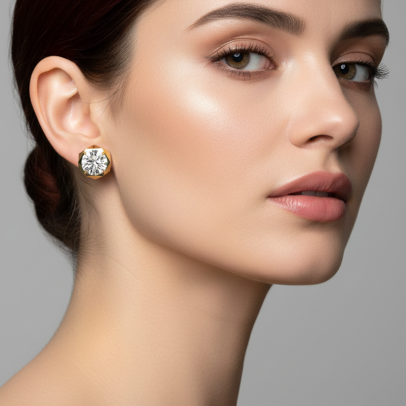 Female model wearing small octagonal yellow gold diamond stud earrings