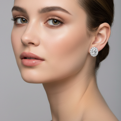 Female model wearing small oval diamond halo stud earrings in white gold