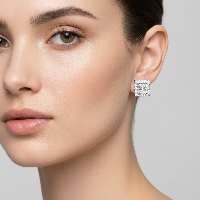 Female model wearing small princess-cut diamond halo stud earrings in white gold