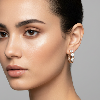 Female model wearing small rose gold three-stone diamond huggie hoop earrings with graduating round brilliant diamonds in four-prong settings and ornate filigree lattice back detail