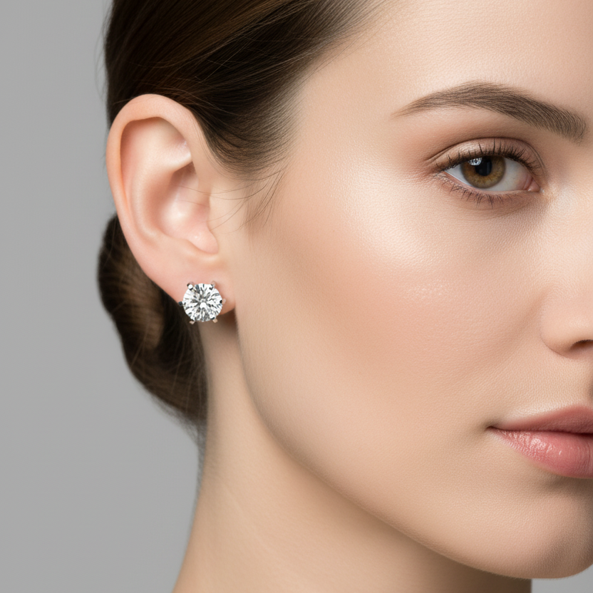 Female model wearing small round brilliant diamond six-prong solitaire stud earrings in white gold