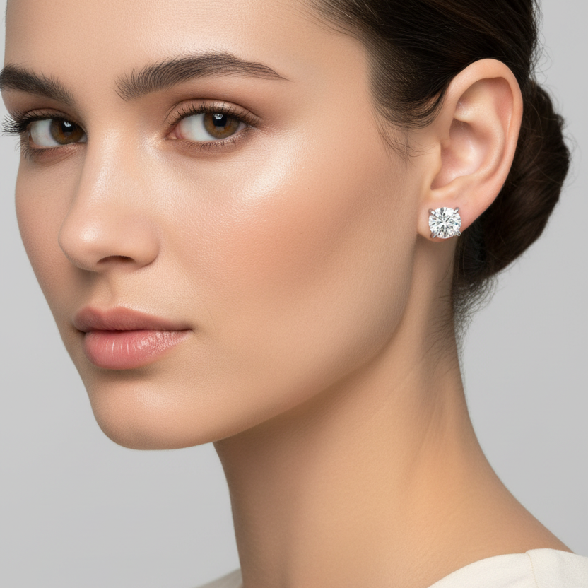 Female model wearing small round brilliant diamond solitaire stud earrings in white gold