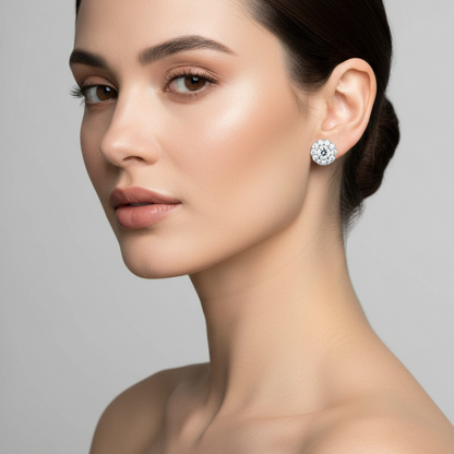 Female model wearing small round diamond cluster halo stud earrings in white gold