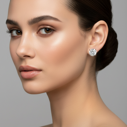 Female model wearing small round diamond solitaire stud earrings
