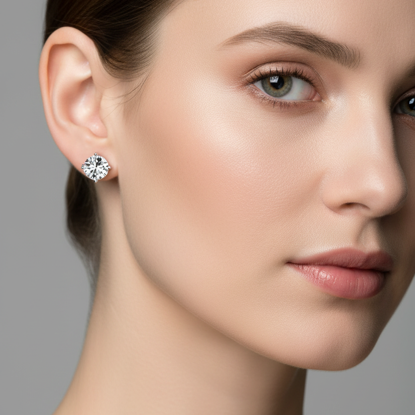 Female model wearing small three-prong martini diamond stud earrings