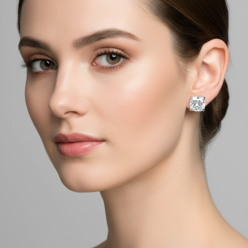 Female model wearing small two-tone cushion-cut diamond solitaire stud earrings