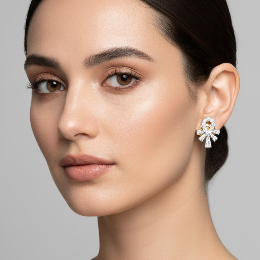 Female model wearing small two-tone pavé diamond ankh cross stud earrings