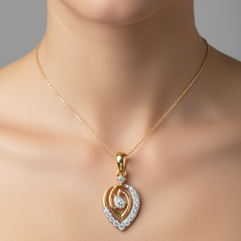 Female model wearing small two-tone yellow and white gold teardrop swirl diamond pendant necklace