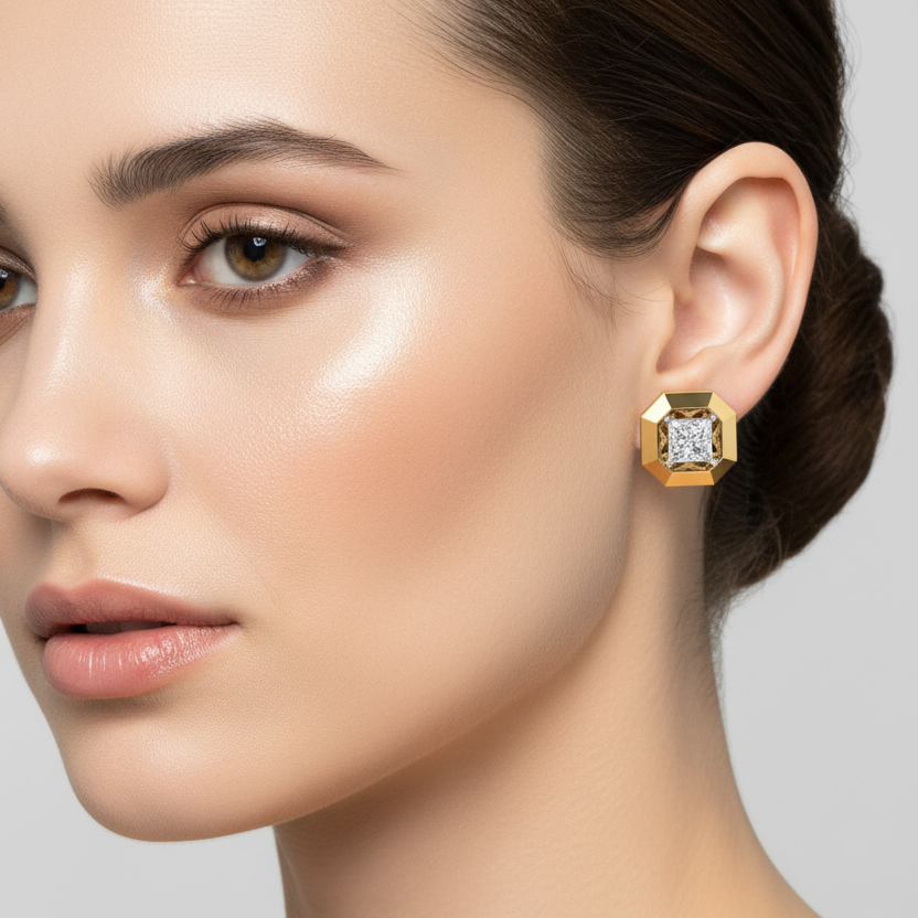 Female model wearing small two-tone yellow gold octagonal frame princess-cut diamond stud earrings