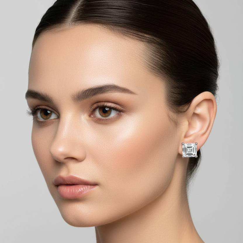 Female model wearing small white gold Asscher-cut diamond solitaire stud earrings with four prominent rounded double ball-tipped corner claw prongs holding each large square step-cut Asscher diamond with deeply cropped octagonal corners and mesmerizing hall-of-mirrors concentric square facet pattern flush against the earlobe