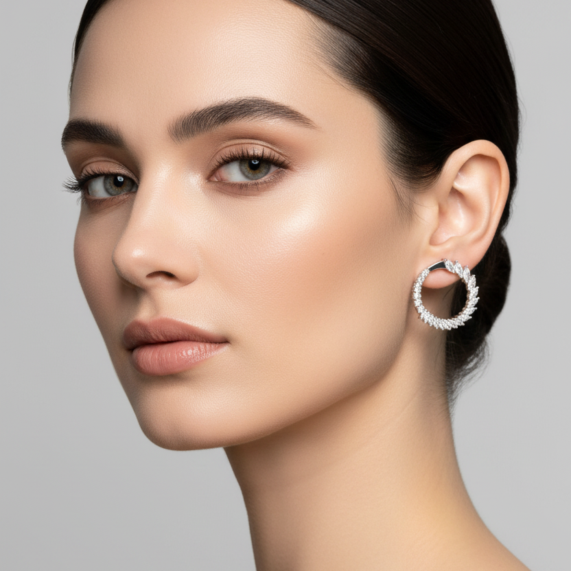 Female model wearing small white gold circular wreath diamond hoop earrings