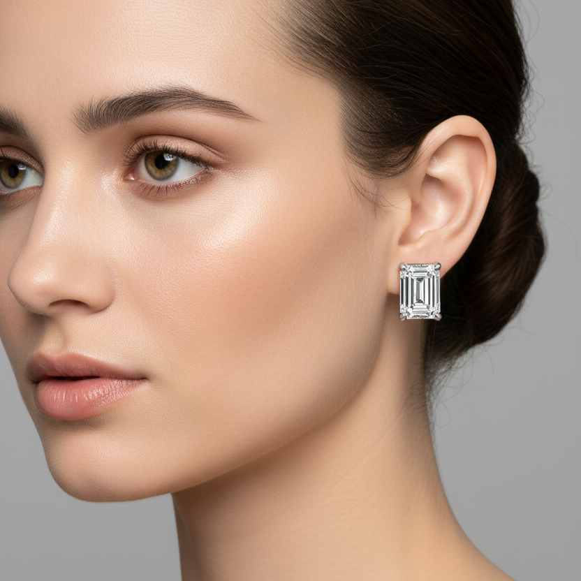 Female model wearing small white gold emerald-cut diamond solitaire stud earrings with four distinctive double rounded ball-tipped corner claw prongs holding each rectangular step-cut diamond flush against the earlobe