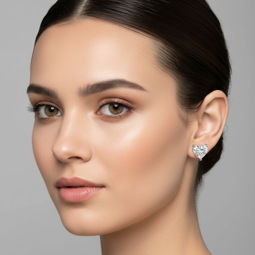 Female model wearing small white gold heart-cut diamond solitaire stud earrings with three rounded double ball-tipped claw prongs — two at the top left and right lobes and one at the bottom pointed tip — holding each large sparkling heart-shaped diamond with lobes at top and point facing down flush against the earlobe in a minimal elegant three-prong setting