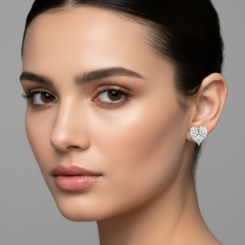 Female model wearing small white gold heart-shaped diamond cluster stud earrings with two large round brilliant diamonds at the top lobes, pear and marquise diamonds filling the sides, and a princess-cut diamond at the pointed tip — all set in seamless shared-prong white gold forming a solid sparkling heart shape flush against the earlobe