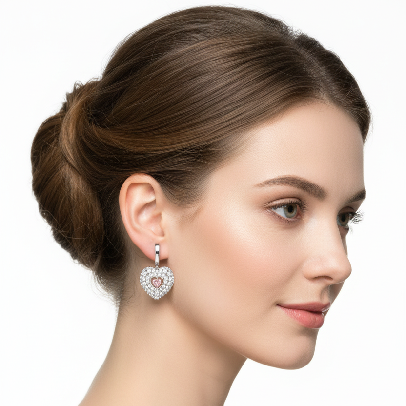 Female model wearing small white gold heart-shaped pink and white diamond drop earrings