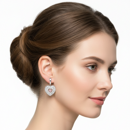 Female model wearing small white gold heart-shaped pink and white diamond drop earrings
