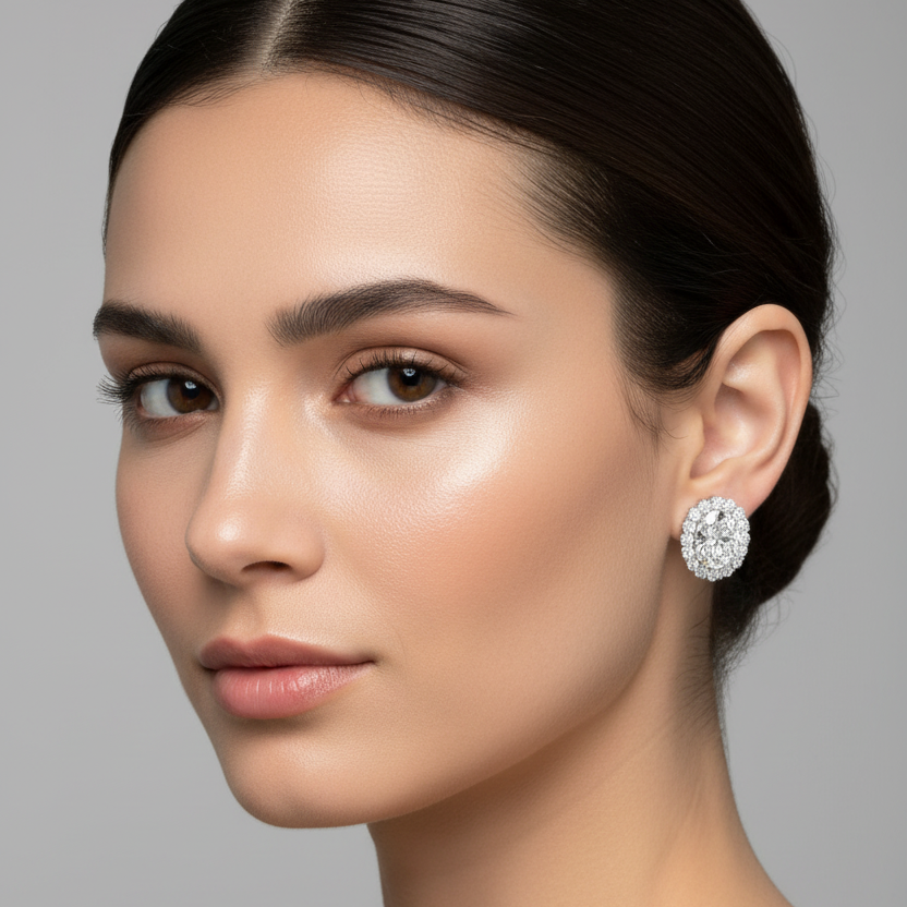 Female model wearing small white gold oval-cut diamond halo stud earrings with a large vertically-oriented oval center diamond in four claw prongs surrounded by a complete oval halo of fourteen to sixteen bold prominent round brilliant diamonds in individual shared prong settings sitting flush against the earlobe