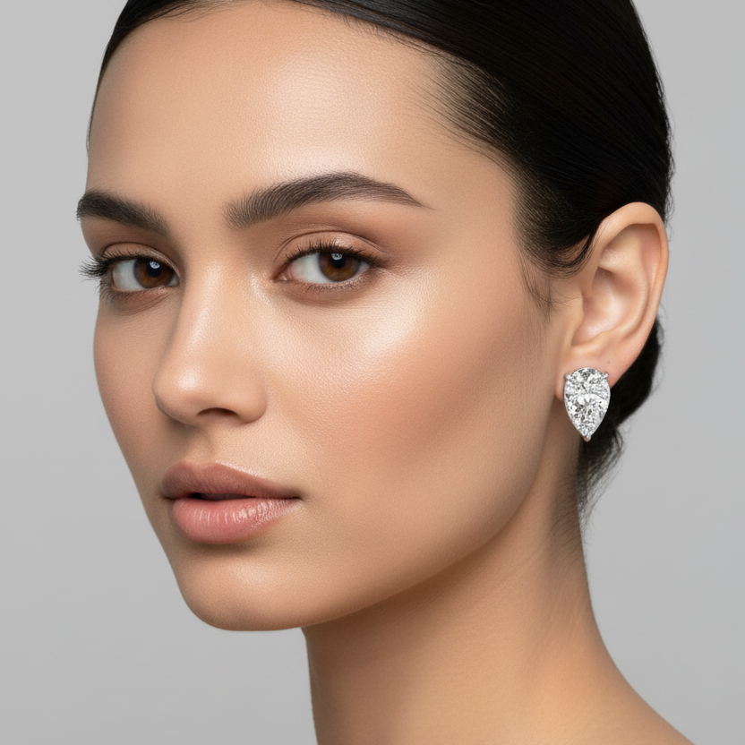 Female model wearing small white gold pear-cut diamond solitaire stud earrings with three rounded ball-tipped claw prongs holding each teardrop diamond with point facing upward flush against the earlobe